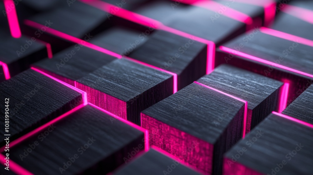 Poster Abstract Close-Up of Black Textured Blocks with Neon Pink Highlights Creating a Modern and Futuristic Background Design for Digital Art and Technology Themes