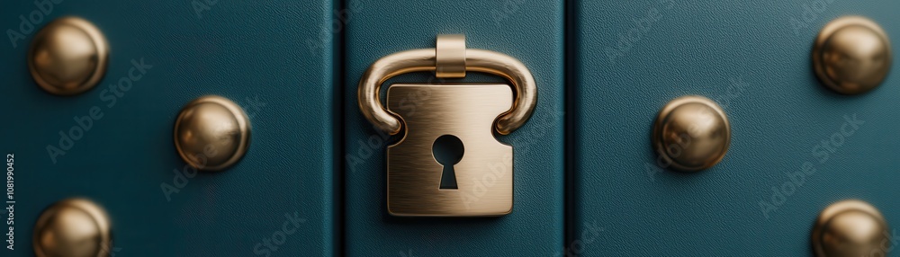 Poster Quantum computing of cryptography concept. A close-up view of a vintage padlock, showcasing its intricate design and textured surface against a deep blue background.
