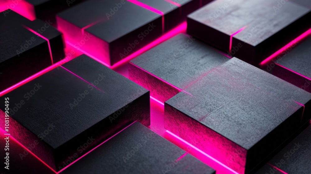 Fototapete Abstract dark surface with glowing neon pink lines and textured geometric blocks creating a futuristic digital background for technology and design projects
