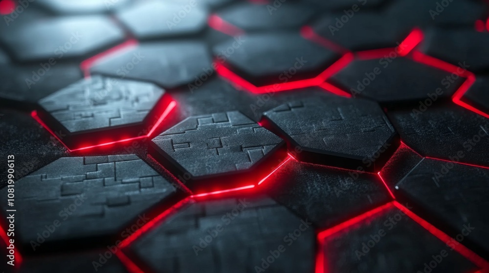 Poster Dark Hexagonal Pattern with Glowing Red Lines on a Textured Surface Ideal for Backgrounds, Designs, Technology Themes, and Science Fiction Concepts