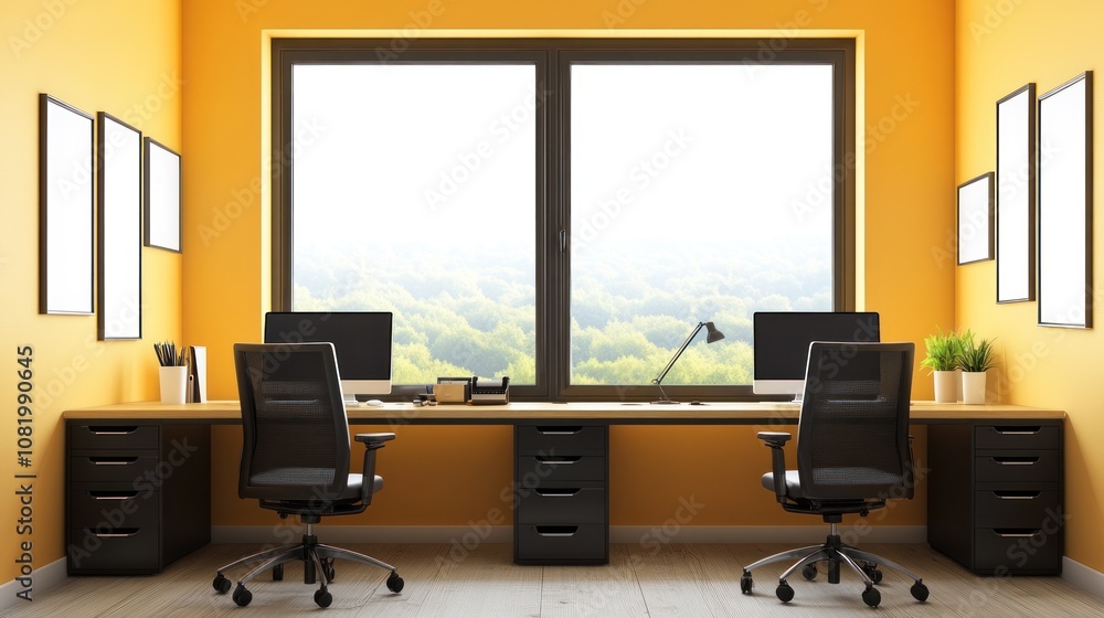 Aufkleber modern office workspace with two desks and large window view.