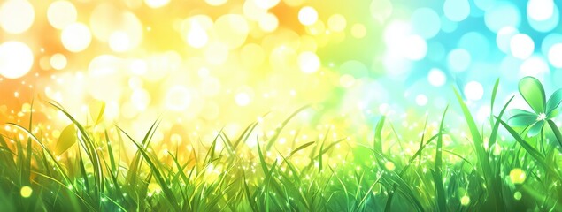 Obraz premium Bright and Colorful Abstract Background with Green Grass and Bokeh Effect Perfect for Spring and Nature-themed Designs
