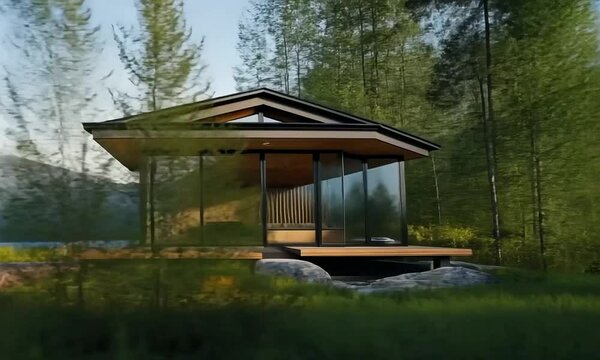 Contemporary house on a raised knoll, featuring a flat roof and large sliding doors, presenting a stunning view of rolling hills and a serene lake