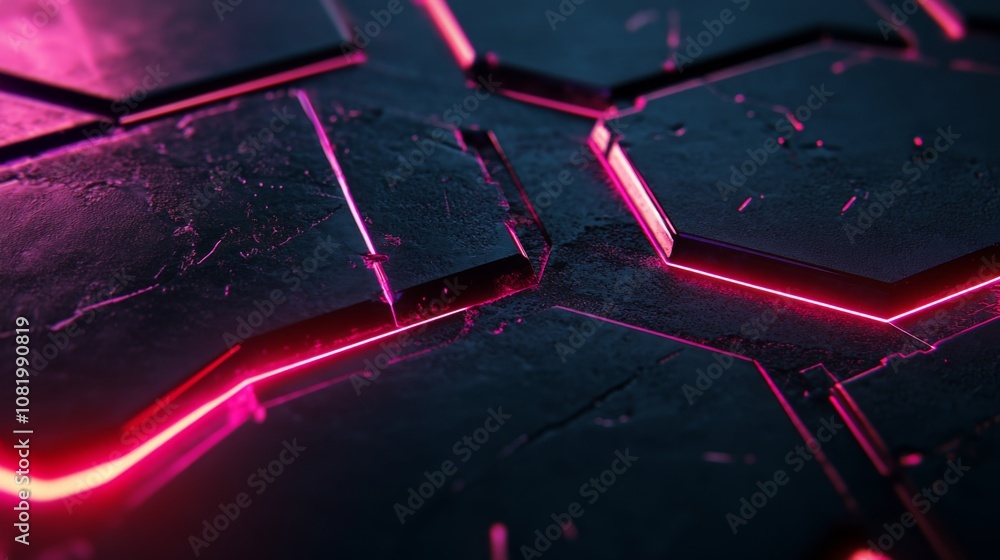 Poster futuristic hexagonal pattern with neon glow and textured surface ideal for technology, digital art, 