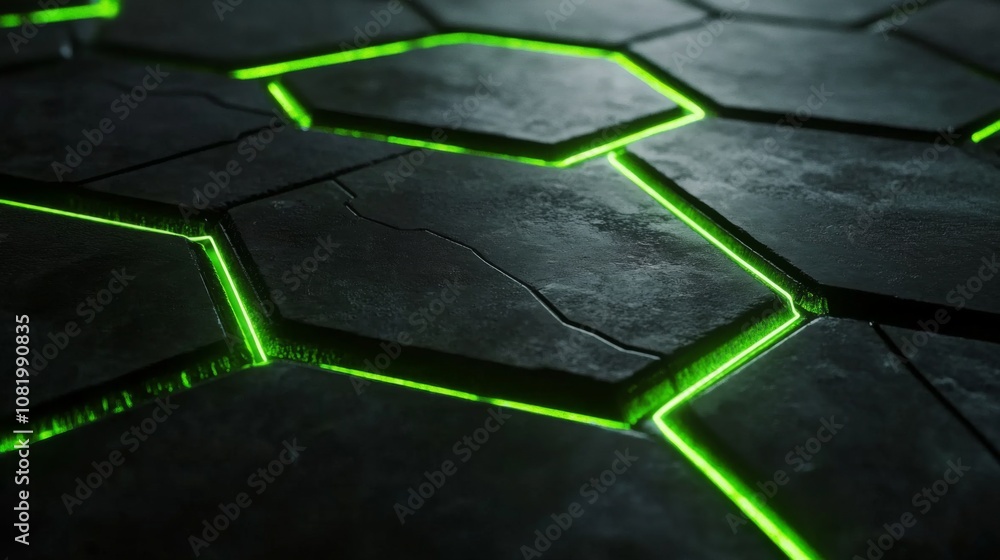Aufkleber abstract close-up of glowing green lines within cracked dark hexagonal tiles, illustrating a modern,