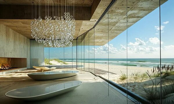 Futuristic chandelier in a sleek glass-walled living room overlooking a rugged coastal cliff with crashing waves below