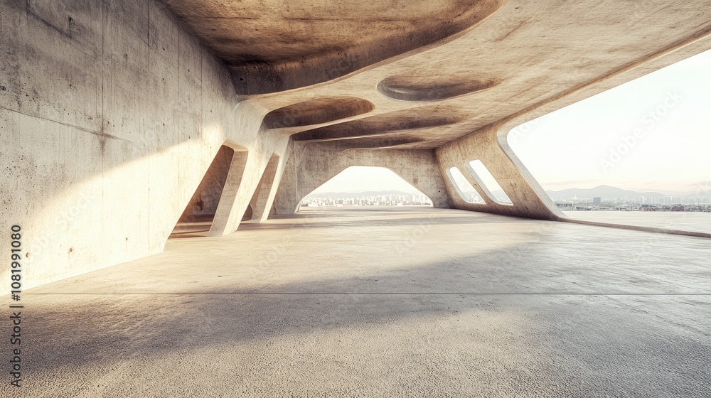 Poster 3D render of abstract futuristic architecture with empty concrete floor