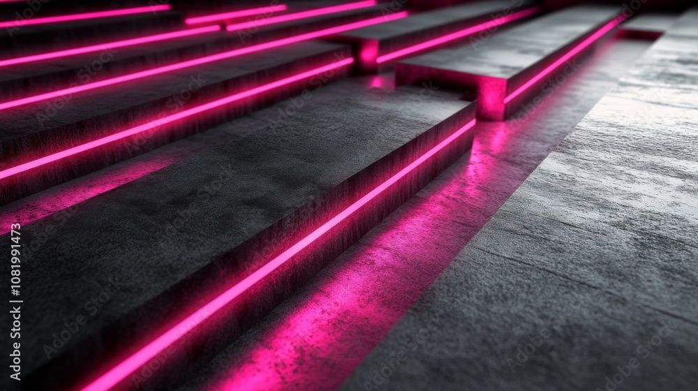 Aufkleber abstract modern background with pink neon lights illuminating textured concrete steps, creating a fu