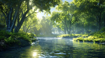 Obraz premium A Scene of Sunrays Passing Through Trees