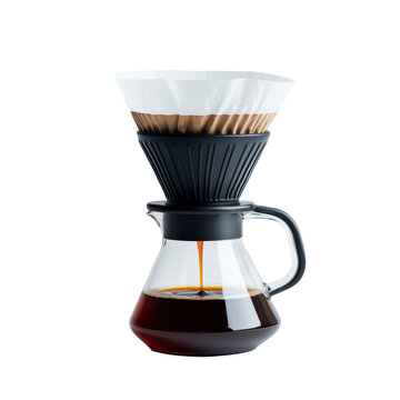 A sleek coffee maker brews aromatic coffee through a paper filter, showcasing a modern design with a glass carafe.