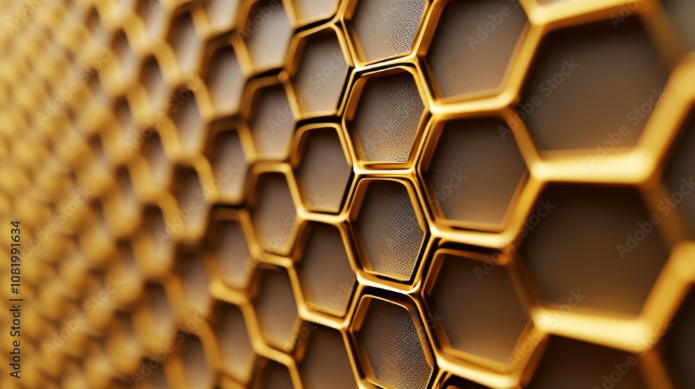 Poster Abstract close-up of a textured honeycomb pattern showcasing a glossy and reflective golden surface, creating a sense of elegance and depth in design.