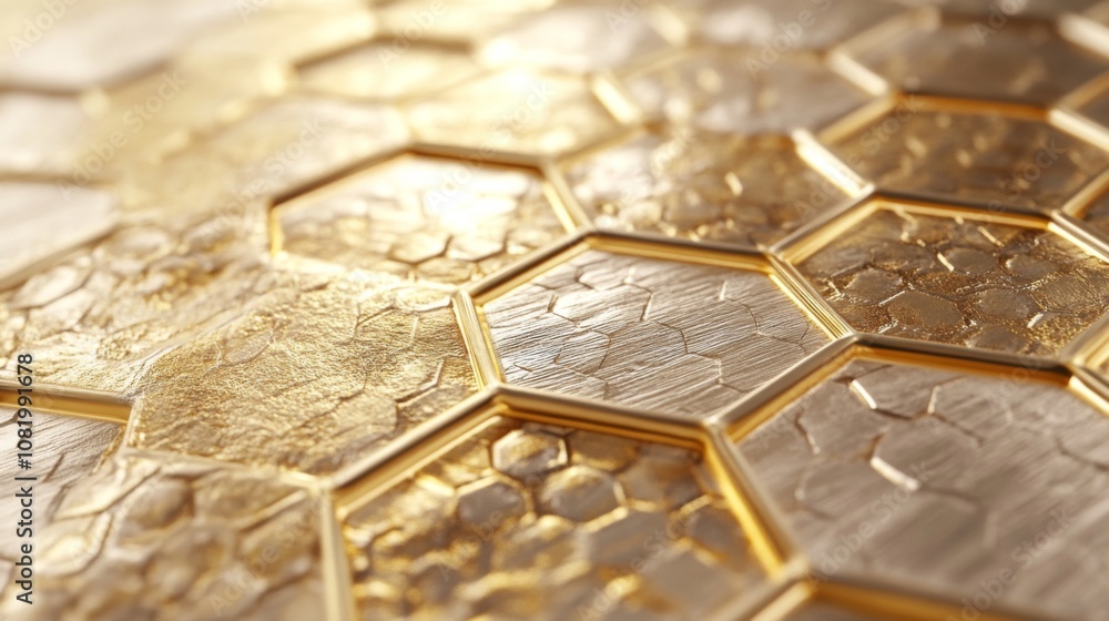 Poster Textured Golden Hexagonal Pattern with Shimmering Surface, Captivating Light Reflections and Intricate Design Ideal for Luxury Backgrounds and Artistic Projects