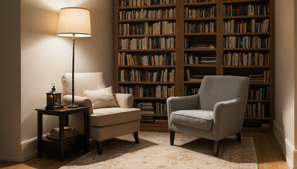 A cozy reading nook with two armchairs, a floor lamp, and built-in bookshelves filled with books. The room features a warm and inviting atmosphere.


