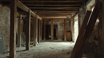 Abandoned Interior of Old Building with Wooden Beams