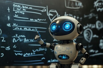 Fototapeta premium A cute robot with blue eyes is standing in front of the blackboard