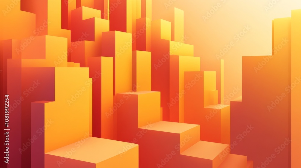 Poster abstract geometric composition featuring vibrant orange and yellow cubes, creating a visually striki
