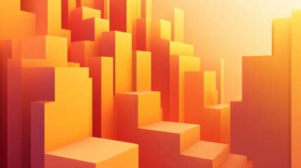 Fototapeta premium Abstract geometric composition featuring vibrant orange and yellow cubes, creating a visually striking landscape illuminated by warm sunlight, ideal for modern design themes.
