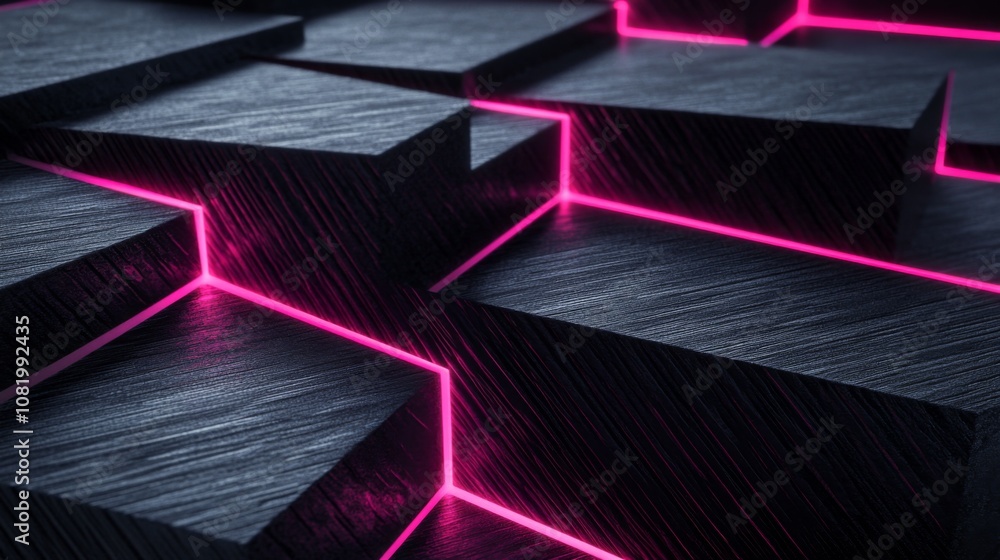 Poster Abstract dark surface with illuminated neon pink lines creating a striking geometric pattern, suitable for technology, design, and modern art themes in stock photos.