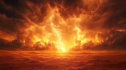 Powerful desert storm displaying dramatic clouds and striking lightning bolts images