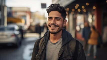 Obraz premium Happy Latino man smiling brightly in cinematic style - stock photo.