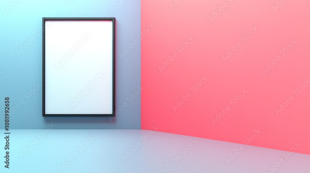 Poster minimalist corner with a blank frame in a colorful setting.