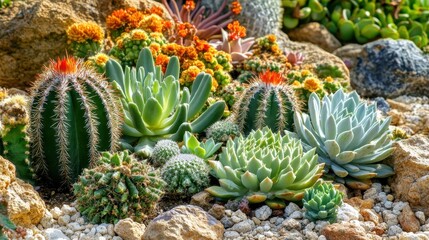 Fototapeta premium A cactus garden with various shapes and sizes of succulents, set against a desert background.
