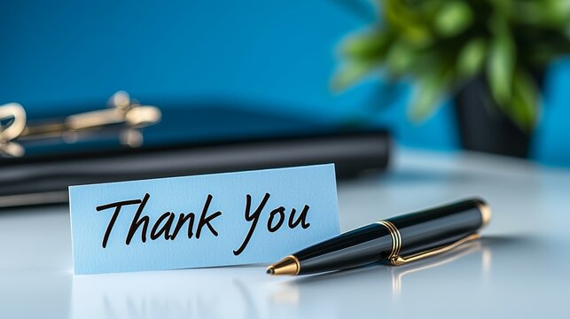 Blue Thank You Note with Pen on White Table