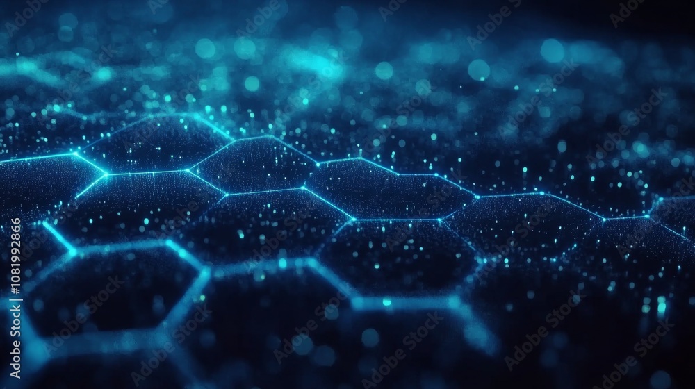 Fototapete Futuristic Abstract Background of Glowing Hexagonal Grid With Bright Particles, Ideal for Technology and Science Themes in Digital Design and Multimedia Projects