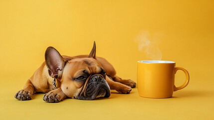 A French Bulldog lies on a yellow background next to a steaming cup of coffee.