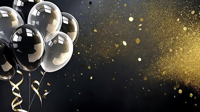 Balloons and confetti falling on a festive dark background with copy space, happy birthday party celebration