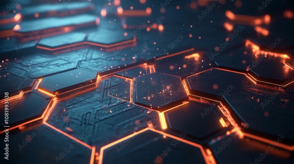 Poster abstract futuristic hexagon background with glowing elements and intricate patterns, ideal for techn