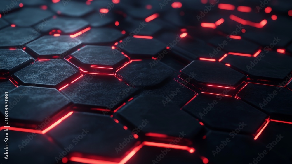 Poster futuristic hexagonal pattern with neon red glow on dark surface, ideal for technology themes and dig