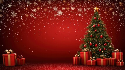 A festive Christmas scene featuring a beautifully decorated tree and gifts against a vibrant red background.
