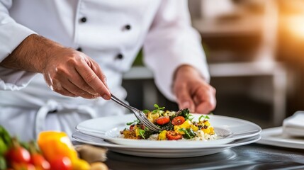 Chef Using Fork to Plate a Vegetable and Rice Dish
