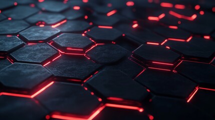 Fototapeta premium Futuristic Hexagonal Pattern with Neon Red Glow on Dark Surface, Ideal for Technology Themes and Digital Designs in Modern Aesthetic Environments