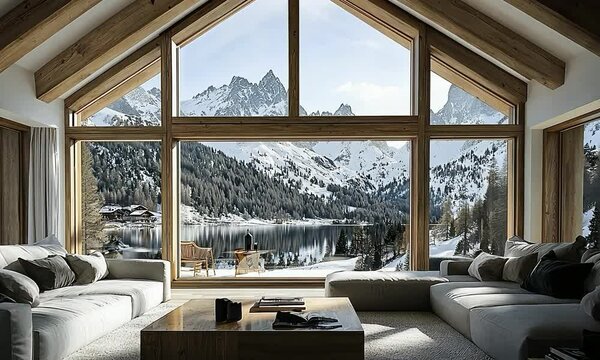 Modern chalet with large windows and a timber frame, showcasing a breathtaking view of snow-capped peaks and a tranquil mountain lake