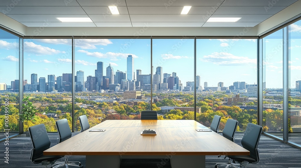Poster modern boardroom with a large window view of a cityscape