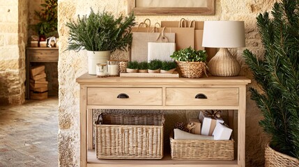 Charming Rustic Decor with Natural Elements in a Warm and Inviting Living Space Featuring Decorative Plants, Wood Furniture, and Cozy Atmosphere