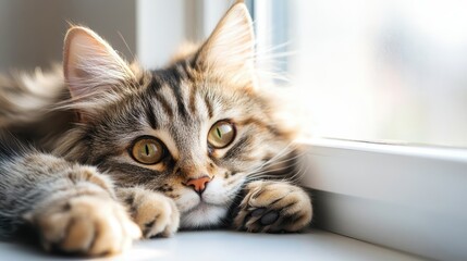 A close-up of a cat lounging by a window, with sunlight casting a warm glow on its fur.