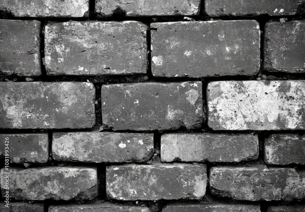 Poster textured grayscale wall of roughly laid bricks with varied patterns and surface imperfections in a c