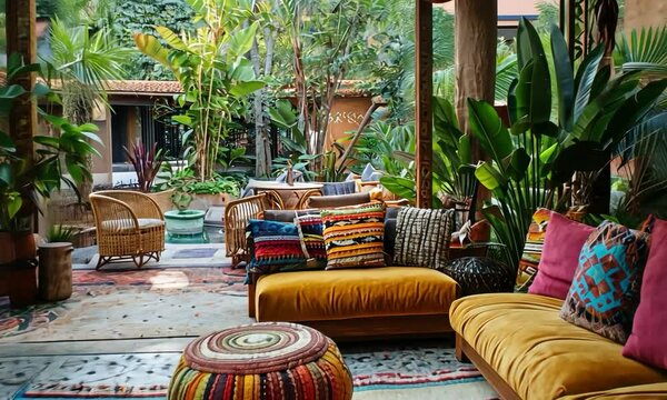 Bohemian hotel lobby with vibrant textiles, eclectic decor, and a view of a lush garden