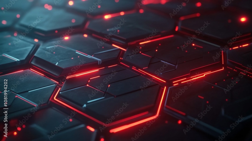 Aufkleber futuristic hexagonal pattern with glowing red lines and sleek black surface, perfect for technology,