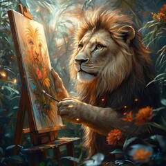A majestic lion, with a golden mane, stands in a lush forest, painting a self-portrait on a canvas.