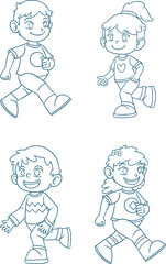 Vector Outline Illustration Set of Happy Running Boy and Girl