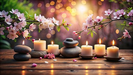 Serenity in Style: A Tranquil Spa Salon Background with Massage Stones, Aromatic Candles, and Cherry Blossoms on a Wooden Surface