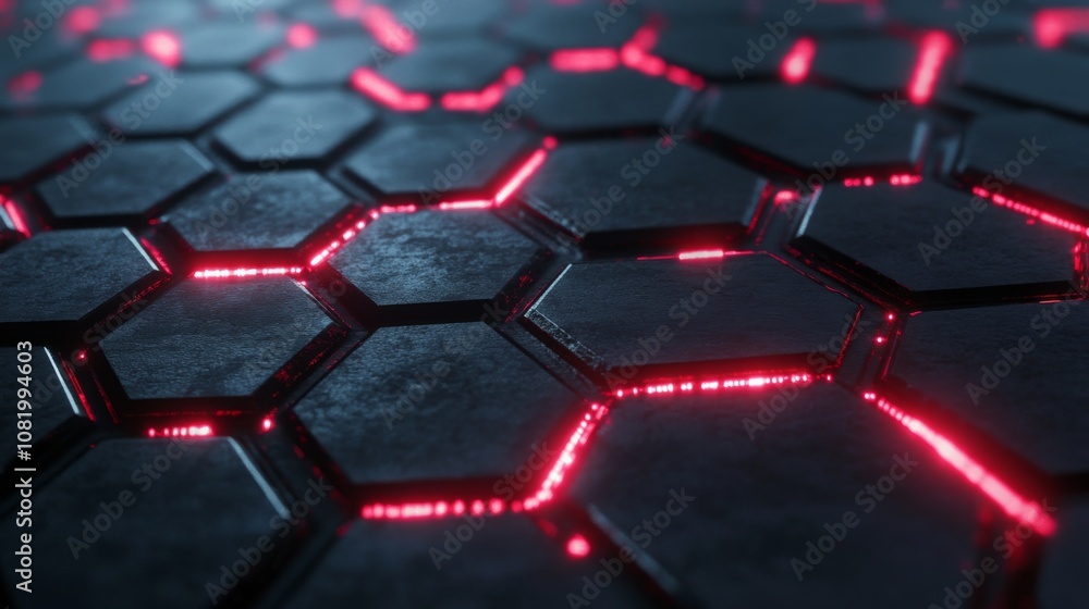 Poster futuristic hexagonal surface with neon red lights illuminating the edges of each honeycomb structure