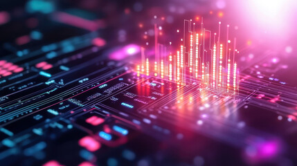vibrant digital landscape showcasing data visualization with glowing bars and circuit patterns, representing technology and innovation