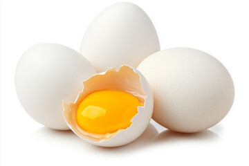 A close up of a cracked egg with a yellow yolk