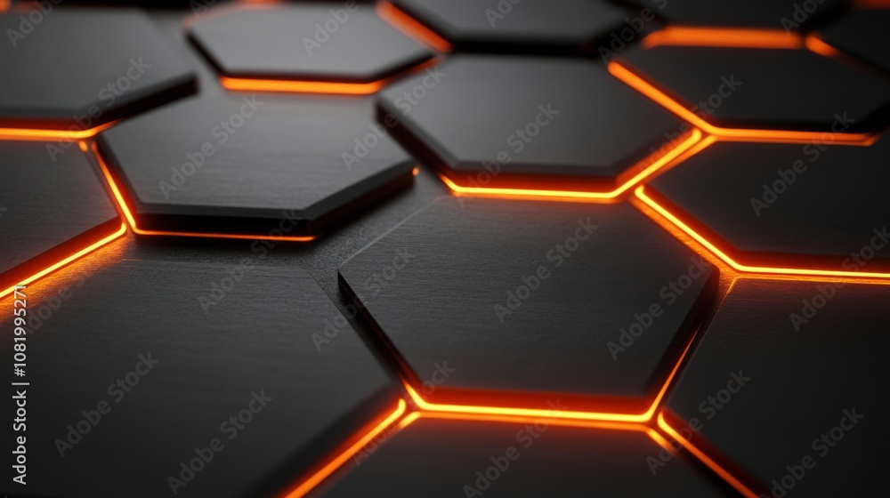 Leinwandbilder Close-Up of a Dark Textured Surface with Neon Orange Illuminated Hexagonal Patterns Creating a Futuristic Abstract Design for Modern Backgrounds and Digital Art