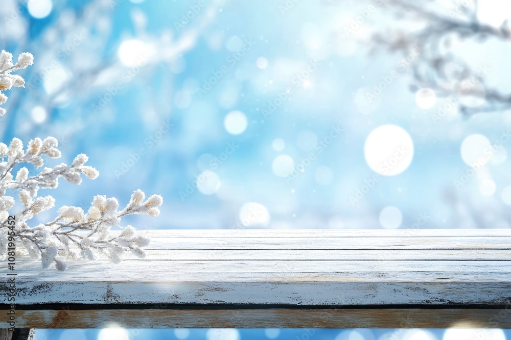 Poster wooden table over abstract bokeh background, use for text or picture, chirstmas and new year concept